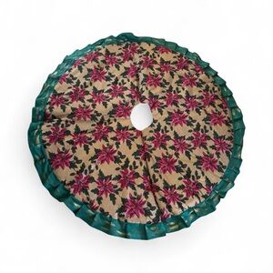 Handmade Round Poinsettia Print Tree Skirt W/Ruffle Edge Plain Back Sz 55X55”
